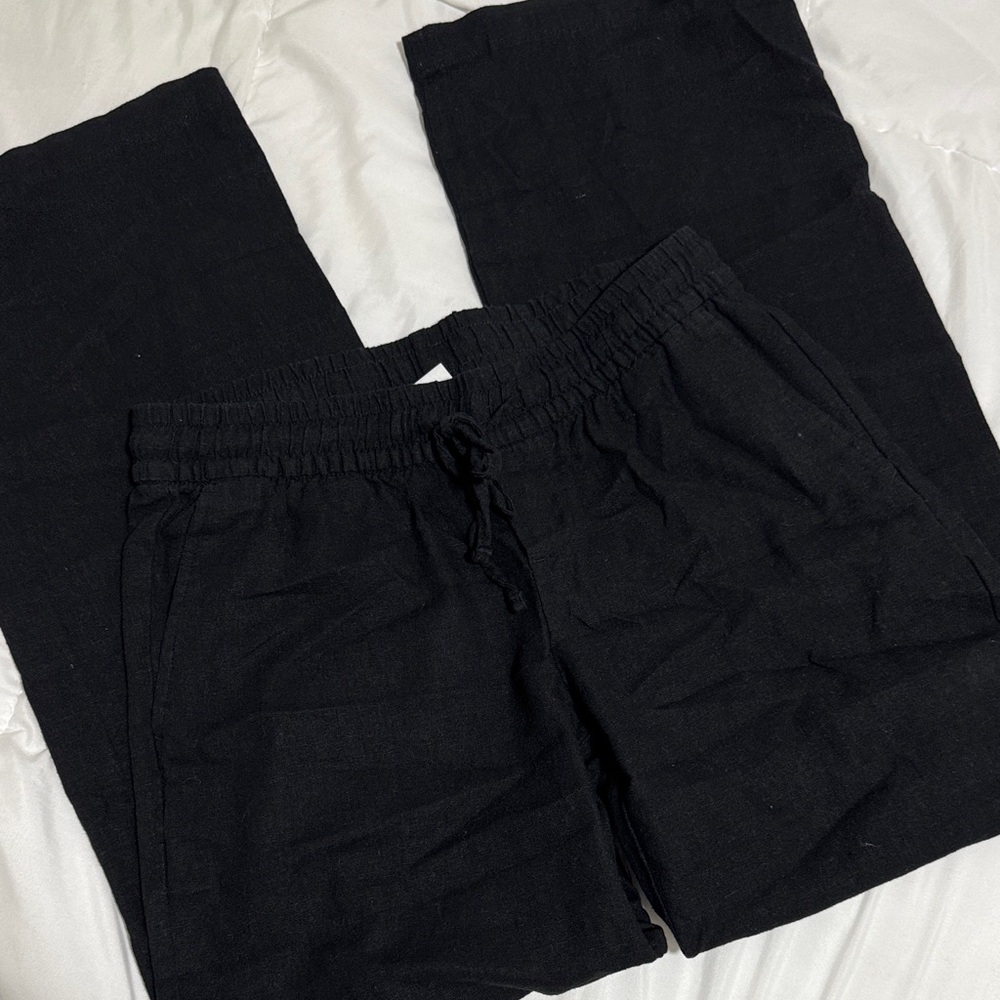 OLD NAVY Black Linen Wide Leg Elastic Drawstring Waist Mid Rise Pants